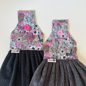 Pink Flora n Birds Hanging Hand Towel | Button Top Towel | Floral Kitchen Decor