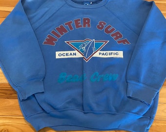 Vintage Men’s Ocean Pacific Winter Surf Beach Crew Sweatshirt 1987 Blue Small