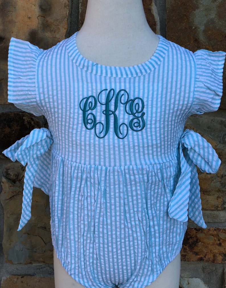 Personalized Baby girl seersucker romper