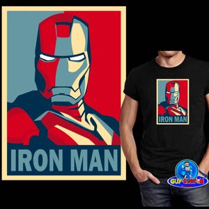 Puede incluir: Una camiseta negra con un gr&aacute;fico rectangular de Iron Man en rojo, azul y amarillo. El gr&aacute;fico es un retrato estilizado con las palabras "IRON MAN" debajo. La imagen es de estilo pop art.