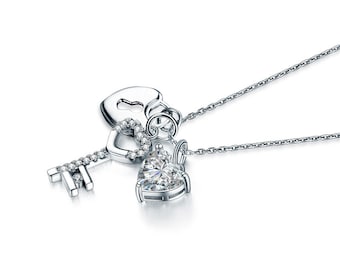 Sterling Silver Heart Lock Necklace: 1.5 ct Created Diamond Pendant