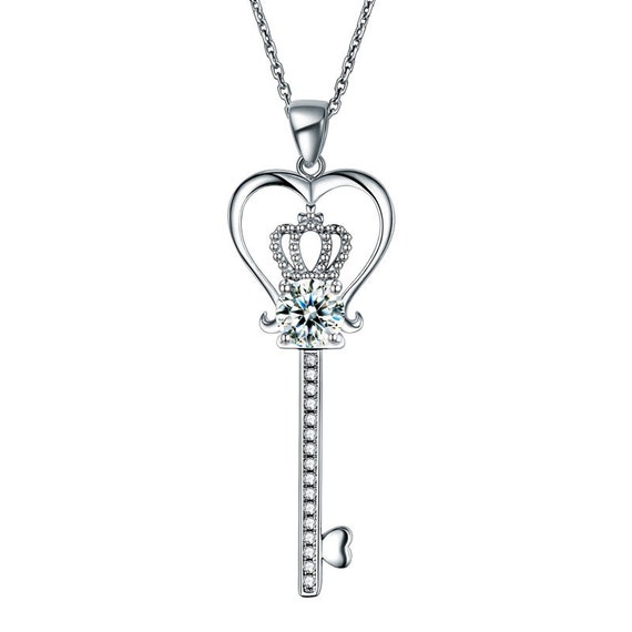 Sterling Silver Key Necklace, Heart Crown Pendant, CZ Diamond