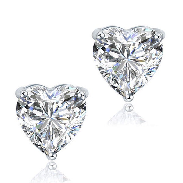 925 Sterling Silver Earrings 4 Carat Heart Cut Created Diamond Stud