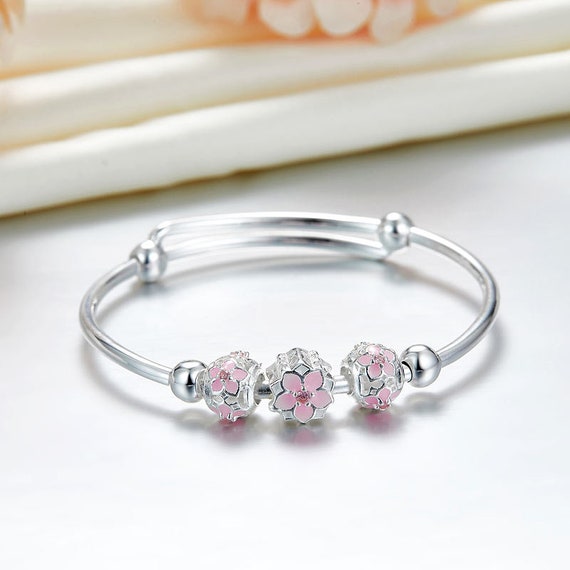 999 sterling silver pink flower parent-child bracelet, full-month