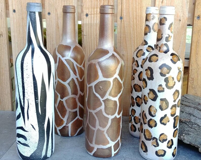 Painted animal print wine bottles. Zebra print giraffe print Etsy