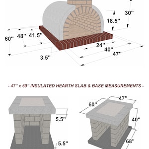 May include: Diagram showing measurements in inches of an insulated oven. The oven features a brick dome, a brick base, and a chimney. The hearth slab and base measurements are also displayed. The text reads "INSULATED OVEN MEASUREMENTS" and "47" x 60" INSULATED HEARTH SLAB & BASE MEASUREMENTS".