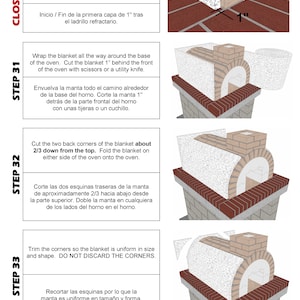 Puede incluir: Una gu&iacute;a paso a paso sobre c&oacute;mo instalar un horno de le&ntilde;a utilizando un material de aislamiento de manta. La imagen muestra un primer plano del horno con el material de aislamiento en proceso de instalaci&oacute;n. El texto de la imagen dice "Start / End the first layer 1" BEHIND the firebrick."  "Wrap the blanket all the way around the base of the oven. Cut the blanket 1" behind the front of the oven with scissors or a utility knife."  "Cut the two back corners of the blanket about 2/3 down from the top. Fold the blanket on either side of the oven onto the oven."  "Trim the corners so the blanket is uniform in size and shape. DO NOT DISCARD THE CORNERS."  "Recortar las esquinas por lo que la manta es uniforme en tama&ntilde;o y forma. NO TIRE LAS ESQUINAS."