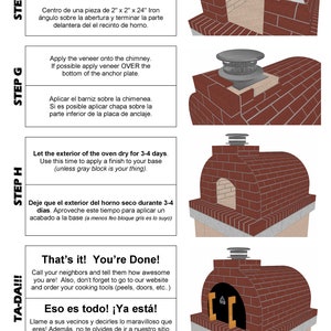 May include: Diagram illustrating the construction of a brick oven, showing stages F, G, H, and TA-DA!!!. The oven is constructed from red bricks, with a chimney and a metal door. Instructions are provided in English and Spanish.