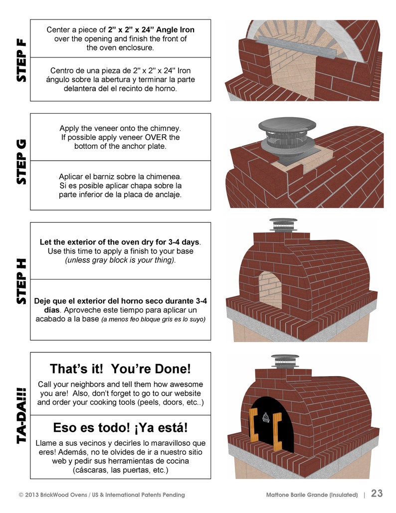 May include: Diagram illustrating the construction of a brick oven, showing stages F, G, H, and TA-DA!!!. The oven is constructed from red bricks, with a chimney and a metal door. Instructions are provided in English and Spanish.