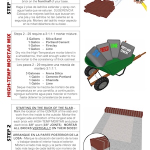 May include: Illustrated instructions for building a brick oven. The steps include preparing bricks, mixing mortar, and laying bricks. The image includes text in English and Spanish, with diagrams and a wheelbarrow.