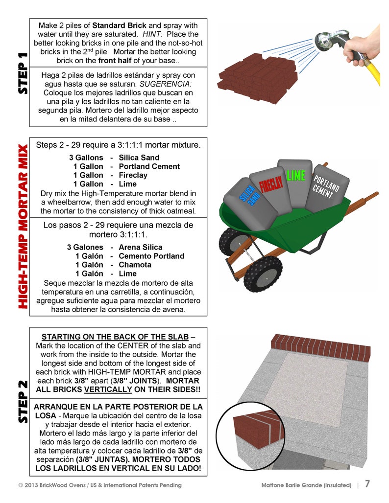 May include: Illustrated instructions for building a brick oven. The steps include preparing bricks, mixing mortar, and laying bricks. The image includes text in English and Spanish, with diagrams and a wheelbarrow.