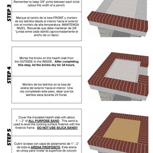Puede incluir: Una gu&iacute;a paso a paso para construir un horno de ladrillo. La imagen muestra un horno de ladrillo con un exterior de ladrillo rojo y una base de arena marr&oacute;n. El texto de la imagen proporciona instrucciones para construir el horno, incluyendo c&oacute;mo mortero los ladrillos y cubrir la base con aislamiento.
