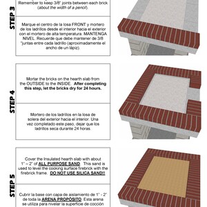 May include: Diagram illustrating the construction of a brick oven, with steps 3, 4, and 5 detailed. The image includes text instructions in English and Spanish, with measurements in inches. The oven features red bricks and a sand base, with warnings against using silica sand.