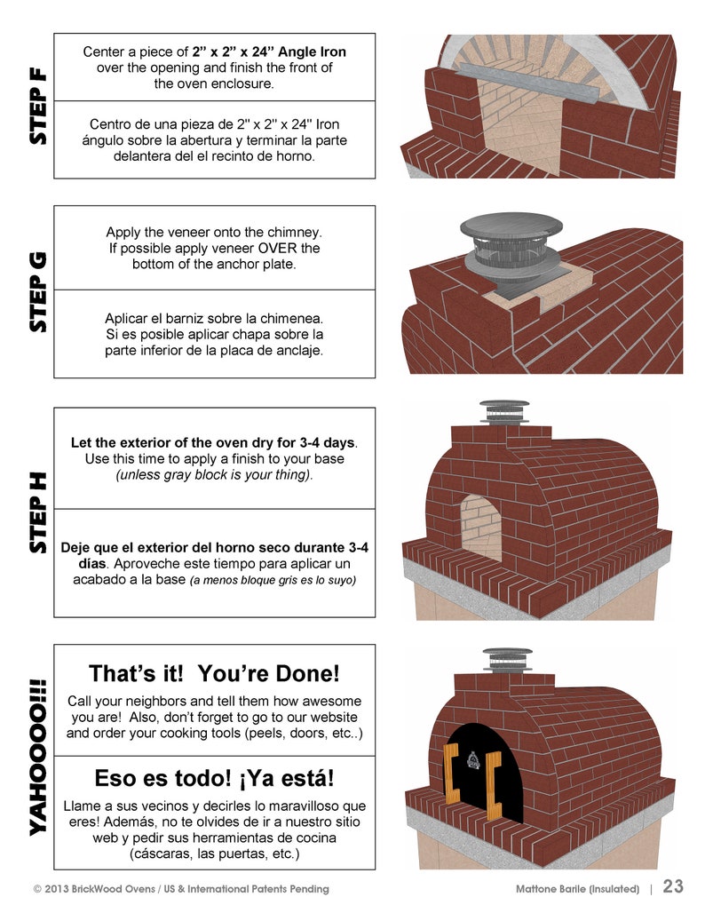 Puede incluir: Una gu&iacute;a paso a paso para construir un horno de le&ntilde;a de ladrillo. Las instrucciones est&aacute;n escritas en ingl&eacute;s y espa&ntilde;ol. La imagen muestra un horno de ladrillo con una chimenea y una puerta. El texto dice "That's it! You're Done!" y "Eso es todo! &iexcl;Ya est&aacute;!"