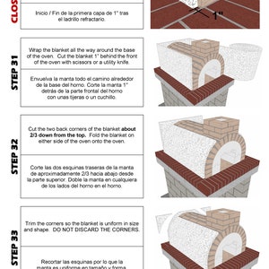 May include: Diagram illustrating the construction of a brick oven. The image provides step-by-step instructions, including measurements in inches (approximately 2.5 cm) and text in English and Spanish, for insulating the oven.