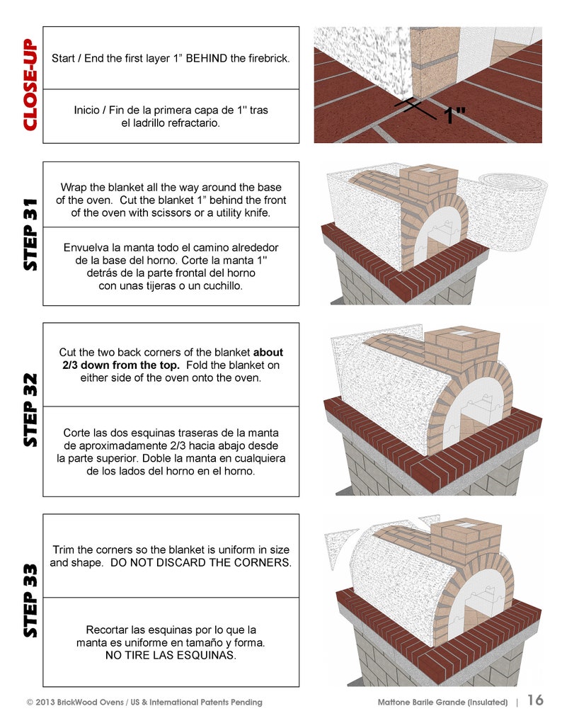 May include: Diagram illustrating the construction of a brick oven. The image provides step-by-step instructions, including measurements in inches (approximately 2.5 cm) and text in English and Spanish, for insulating the oven.