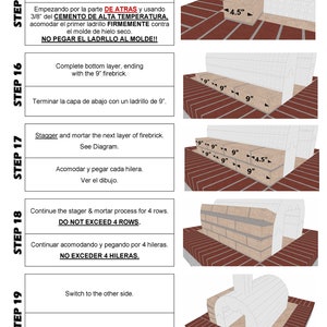 Puede incluir: Una gu&iacute;a paso a paso para construir un horno de le&ntilde;a. Las instrucciones est&aacute;n escritas en ingl&eacute;s y espa&ntilde;ol. La imagen muestra el proceso de colocaci&oacute;n de ladrillos refractarios, comenzando por la parte posterior del horno. Las instrucciones enfatizan la importancia de usar mortero de alta temperatura y no mortero en la espuma.
