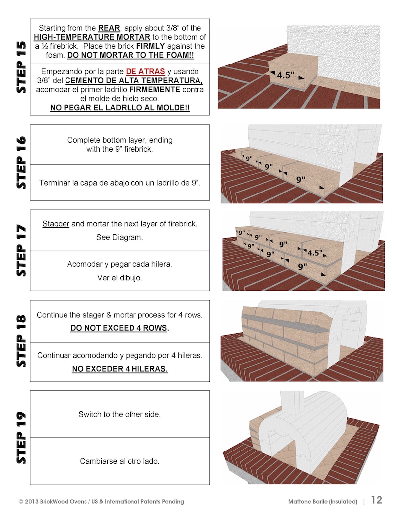 Puede incluir: Una gu&iacute;a paso a paso para construir un horno de le&ntilde;a. Las instrucciones est&aacute;n escritas en ingl&eacute;s y espa&ntilde;ol. La imagen muestra el proceso de colocaci&oacute;n de ladrillos refractarios, comenzando por la parte posterior del horno. Las instrucciones enfatizan la importancia de usar mortero de alta temperatura y no mortero en la espuma.