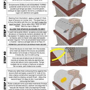 May include: Diagram illustrating the construction of a brick oven, with sequential steps. The image details stucco application, wire mesh trimming, and lathe corner folding. Text includes measurements in inches and drying times.