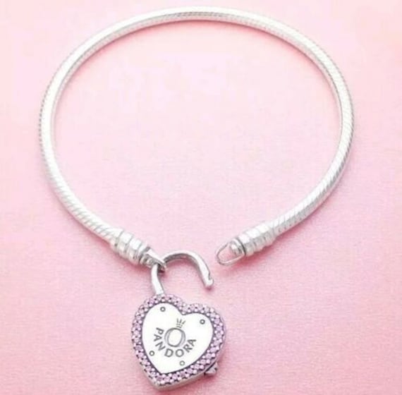 PANDORA S925 SNAKE CHAIN BRACELET WITH PINK LOVE HEART EUROPEAN CHARMS