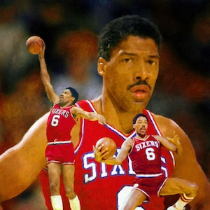 May include: A painting of a basketball player wearing a red jersey with the word "SIXERS" and the number "6" on it. The player is jumping in the air and holding a basketball. The background is a blurred image of a basketball court.