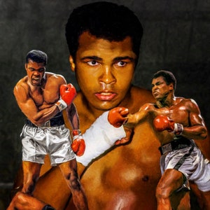 May include: A painting of a boxer in a boxing ring. The boxer is wearing white shorts and red boxing gloves. The painting is in a realistic style and shows the boxer in action.