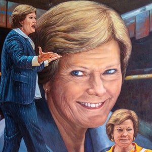 May include: A painting of a woman with blonde hair. The woman is wearing a blue shirt and has a warm smile. The painting is made up of three different images of the woman, each showing a different expression.