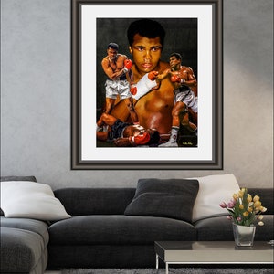 May include: A framed print of a black and white illustration of a boxer. The boxer is shown in three different poses, with a red boxing glove in each hand. The background is a dark gray.