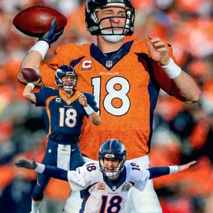 May include: A collage of three photos of football players wearing orange and blue uniforms with the number 18 on their jerseys. The players are in different poses, one throwing a football, one holding a football, and one running with the football.