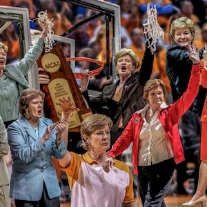 May include: A collage of eight women basketball coaches, some holding trophies and nets, with a basketball hoop in the background.