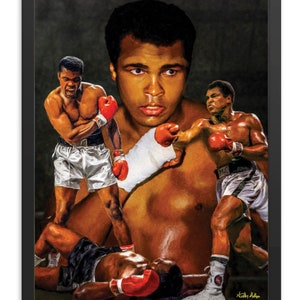 May include: A colorful painting of a boxer in action. The boxer is shown in multiple poses, including throwing a punch, blocking a punch, and lying on the ground. The painting is done in a realistic style and features vibrant colors.