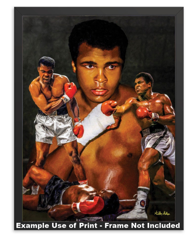 May include: A colorful painting of a boxer in action. The boxer is shown in multiple poses, including throwing a punch, blocking a punch, and lying on the ground. The painting is done in a realistic style and features vibrant colors.