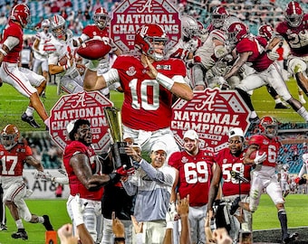 May include: A collage of images featuring the Alabama Crimson Tide football team celebrating their national championship wins. The images include players holding the championship trophy, running with the football, and celebrating with fans. The text "National Champion" is prominently displayed on several signs.