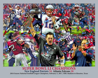 New England Patriots, mistrzowie Super Bowl 2017, Tom Brady, wydruk artystyczny futbolu amerykańskiego NFL, 11x14-48x36