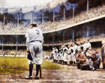 Impressão artística de beisebol no estádio do New York Yankees, comemorando o dia da aposentadoria de Babe Ruth, disponível em vários tamanhos (8x10 a 40x60).