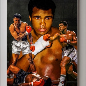 May include: A collage of images depicting a boxer in various poses. The central image shows the boxer with a determined expression, wearing boxing gloves and a white bandage on his hand. The other images show the boxer in action, throwing punches and dodging blows. The collage is painted in a realistic style with a focus on detail and texture.