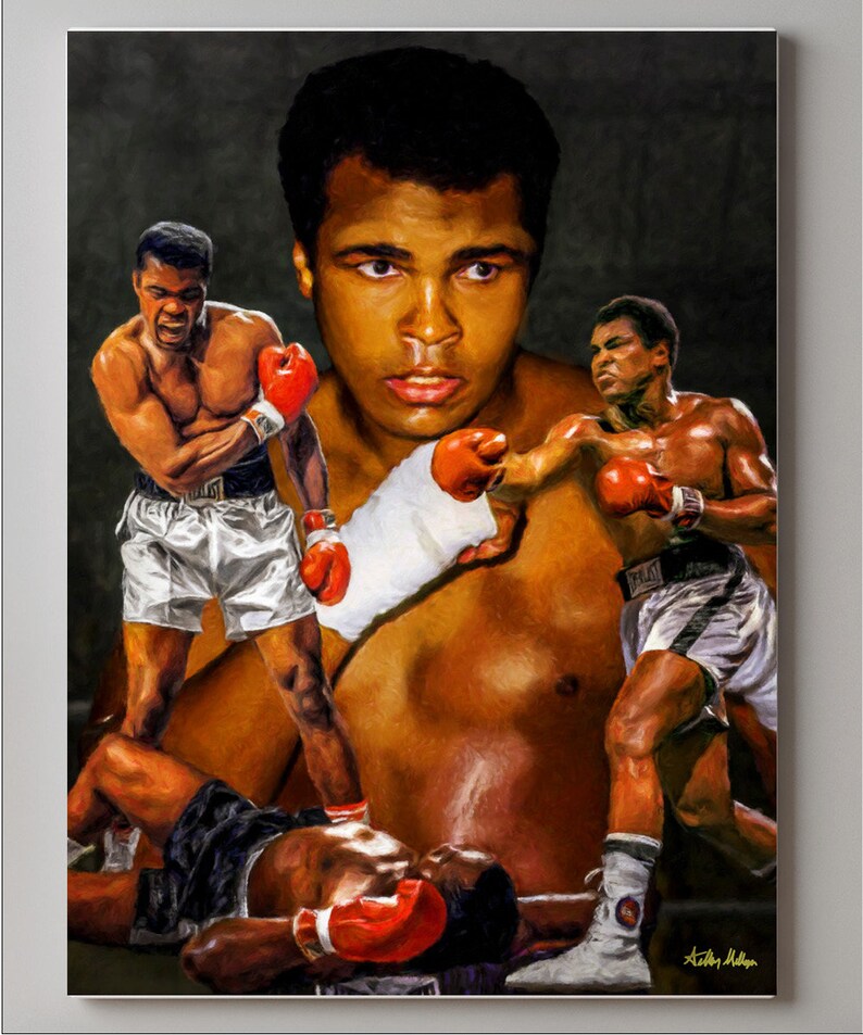 May include: A collage of images depicting a boxer in various poses. The central image shows the boxer with a determined expression, wearing boxing gloves and a white bandage on his hand. The other images show the boxer in action, throwing punches and dodging blows. The collage is painted in a realistic style with a focus on detail and texture.
