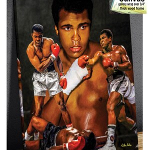 May include: A colorful painting of a boxer in a boxing match. The boxer is shown in multiple poses, including punching, blocking, and lying on the ground. The painting is done in a realistic style and features a lot of detail.