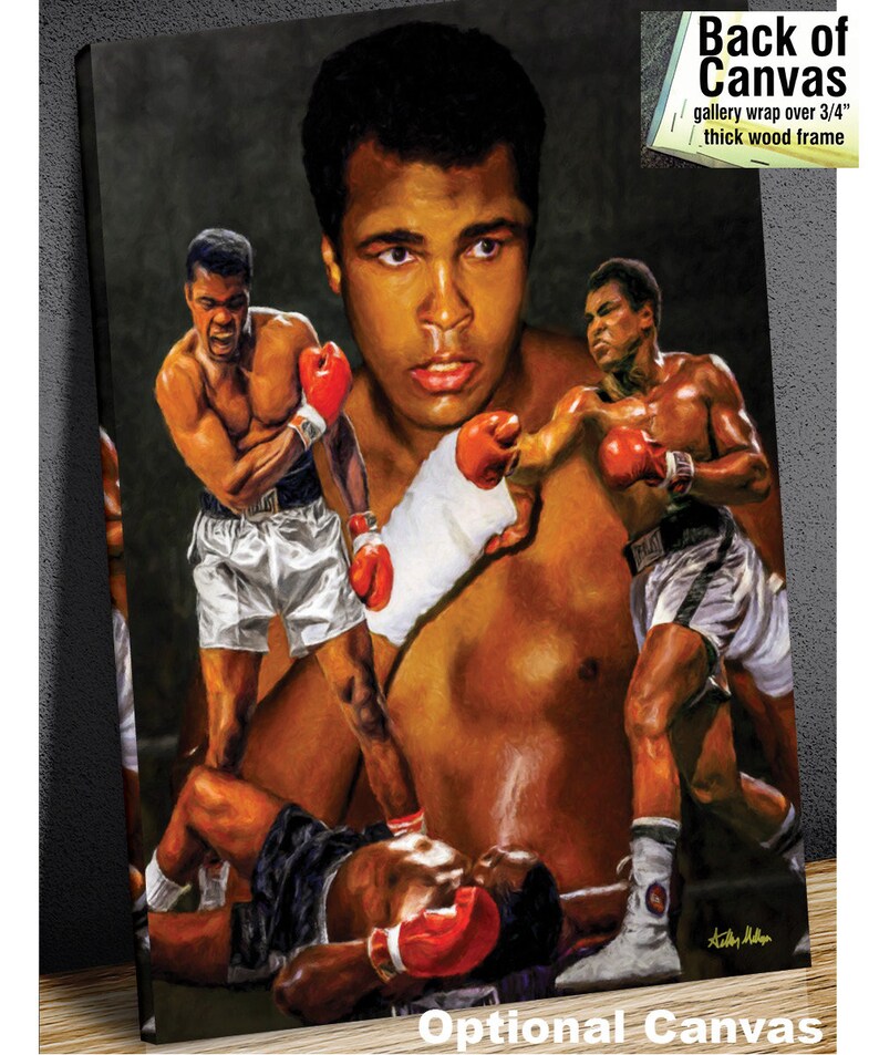 May include: A colorful painting of a boxer in a boxing match. The boxer is shown in multiple poses, including punching, blocking, and lying on the ground. The painting is done in a realistic style and features a lot of detail.