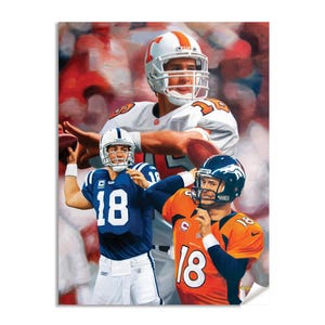 May include: A poster featuring three depictions of a football player in different team uniforms. The player is wearing a white helmet with orange accents, a blue helmet, and an orange jersey with the number 18. The background is a blurred mix of red and white.