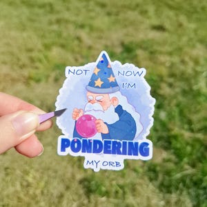 May include: A sticker featuring a cartoon wizard with a blue hat and a white beard, holding a pink orb. Text on the sticker reads "NOT NOW I'M PONDERING MY ORB."