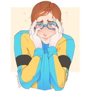 May include: Illustration of a person with brown hair and blue eyes wearing blue-rimmed glasses. The person is wearing a yellow and blue jacket and is touching their face with white-gloved hands. The background is a light yellow color.