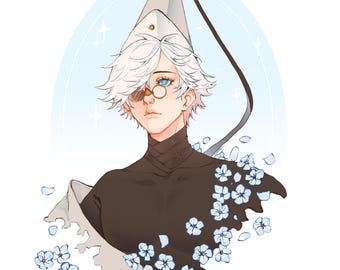 May include: A digital illustration of a person with short white hair, wearing a tall white conical hat and a dark brown high-neck garment. The figure has one blue eye visible behind a round monocle and is surrounded by small light blue flowers.