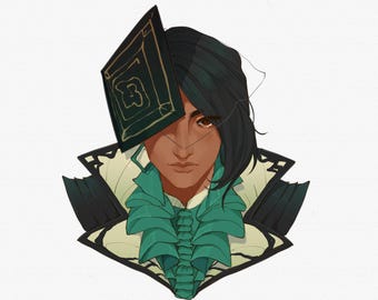 May include: Illustration of a person with dark hair and brown eyes, wearing a teal and black outfit. A large, square, dark green and gold headpiece covers part of the face. The person has a teal ruffled collar and a black and white collar.