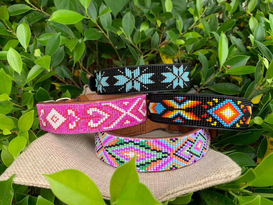 Beaded Leather Dog Collars Etsy