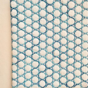 以下が含まれることがあります： 白地の生地のクローズアップ。白の円がターコイズ色のステッチで繋がれた繰り返し模様。ステッチは幾何学模様を形成しています。生地の端にはターコイズ色のステッチの縁取りがあります。