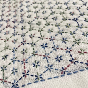 以下が含まれることがあります： 青い、緑色、ピンクの刺繍の花が繰り返しパターンで施された白い布地