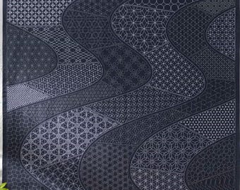 Sampler Cloth Fabric with stitch lines printed on a navy blue background 122～124cm ×100cm ( Cloth Only / No Sashiko Thread )