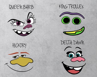 TROLLS ROCK 4 character faces, Birthday Party Decorations, Party Supplies, trolls, Delta Dawn, King Trollex, Queen Barn, Hickory, You Print!