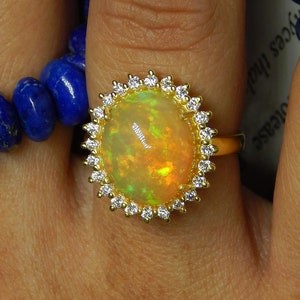 Natural Fire Opal Ring, Opal Diamond Ring, Opal Engagement Ring, Opal Halo Ring, Vintage Opal Ring, Certified Gemstone, Opal Cocktail Ring